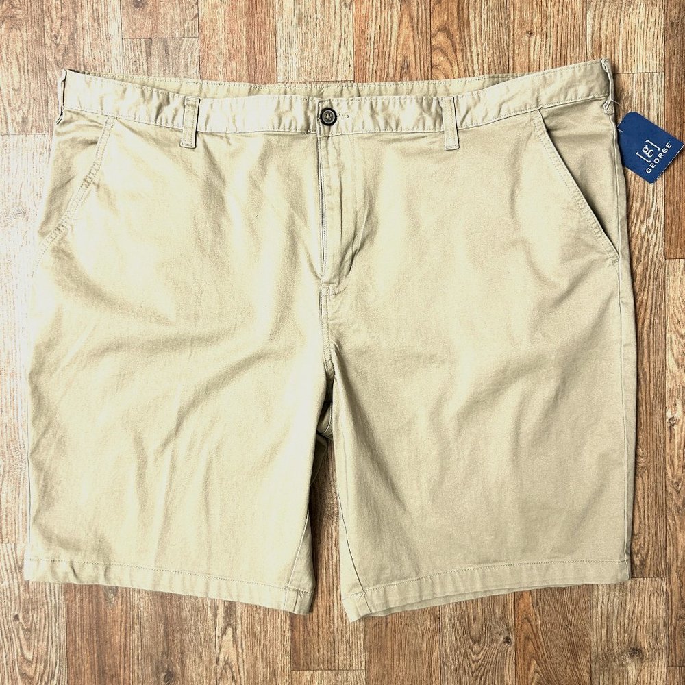 George Mens NEW Khaki Chino Shorts Flat Front Above Knee 4 Pocket Size 46